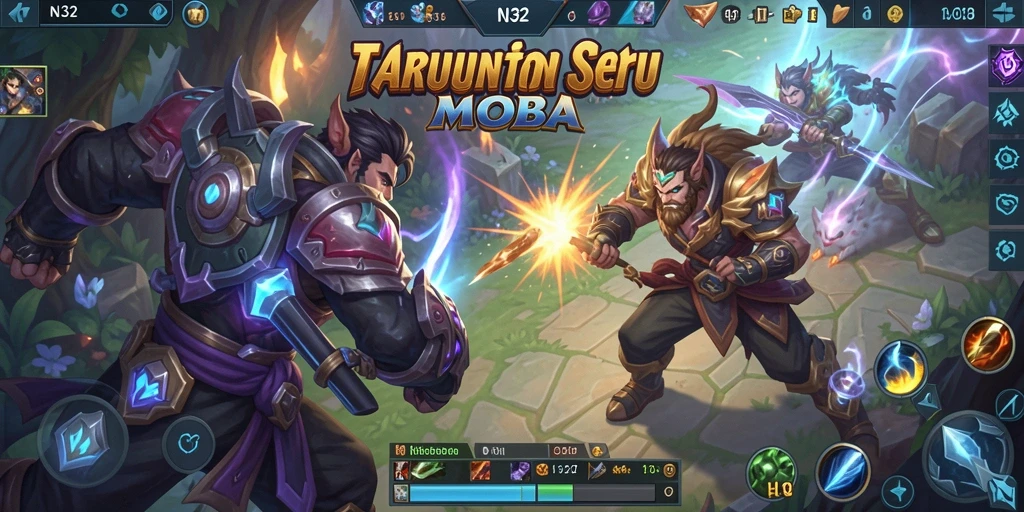 Screenshot gameplay N32 menampilkan karakter beraksi dalam pertempuran MOBA yang dinamis.