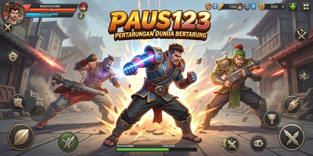 Tampilan mendebarkan dari pertarungan di PAUS123 dengan karakter yang sedang bertempur.